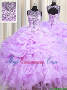 Scoop Sleeveless Organza Floor Length Lace Up Quinceanera Dress in Lavender for with Beading and Ruffles and Pick Ups