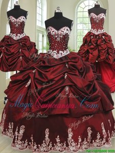 Four Piece Wine Red Lace Up Sweetheart Beading and Appliques and Pick Ups Quinceanera Gown Taffeta Sleeveless