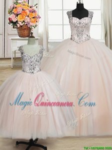 Free and Easy Straps Sleeveless Sweet 16 Quinceanera Dress Floor Length Beading Pink Tulle