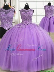 Three Piece Lilac Vestidos de Quinceanera Military Ball and Sweet 16 and Quinceanera and For with Beading and Appliques Scoop Sleeveless Lace Up