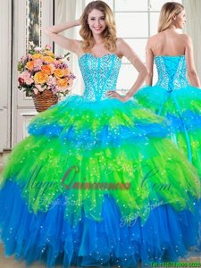 Inexpensive Sweetheart Sleeveless Quinceanera Dress Floor Length Beading and Ruffled Layers Multi-color Tulle