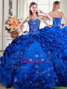 Pick Ups Ball Gowns Quince Ball Gowns Royal Blue Sweetheart Organza and Taffeta Sleeveless Floor Length Lace Up