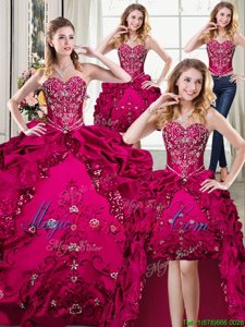 Fantastic Four Piece Fuchsia Organza and Taffeta Lace Up Quinceanera Dress Sleeveless Floor Length Beading and Embroidery