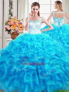 Organza Straps Sleeveless Lace Up Beading and Ruffles Quince Ball Gowns in Baby Blue