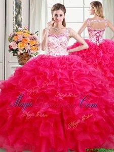 Stylish Straps Straps Hot Pink Ball Gowns Beading and Ruffles Sweet 16 Dresses Lace Up Organza Sleeveless Floor Length