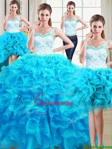 Four Piece Straps Sleeveless Ball Gown Prom Dress Floor Length Beading and Ruffles Baby Blue Organza