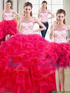 Excellent Four Piece Floor Length Hot Pink Quinceanera Dresses Straps Sleeveless Lace Up