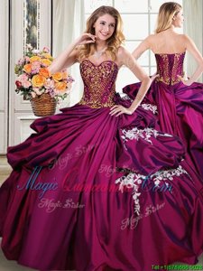 Adorable Burgundy Taffeta Lace Up Sweetheart Sleeveless Floor Length Quinceanera Gowns Beading and Appliques and Pick Ups