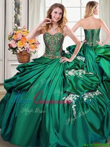 Shining Dark Green Ball Gowns Sweetheart Sleeveless Taffeta Floor Length Lace Up Beading and Appliques and Pick Ups Vestidos de Quinceanera