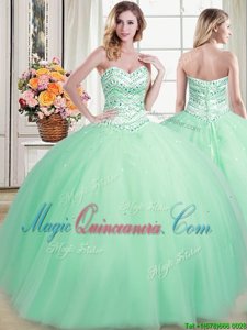 Apple Green Ball Gowns Sweetheart Sleeveless Tulle Floor Length Lace Up Beading Sweet 16 Quinceanera Dress