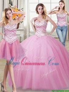 Three Piece Rose Pink Sleeveless Tulle Lace Up Quinceanera Dress for Military Ball and Sweet 16 and Quinceanera