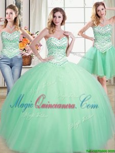 Flare Three Piece Apple Green Sleeveless Tulle Lace Up 15th Birthday Dress for Military Ball and Sweet 16 and Quinceanera
