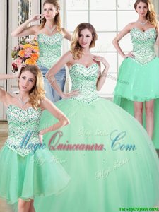 Clearance Four Piece Apple Green Lace Up Vestidos de Quinceanera Beading Sleeveless Floor Length