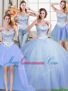 Hot Sale Four Piece Light Blue Sleeveless Beading Floor Length Sweet 16 Dress
