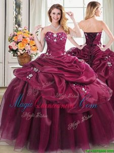 Burgundy Sweetheart Lace Up Appliques and Pick Ups Quince Ball Gowns Sleeveless