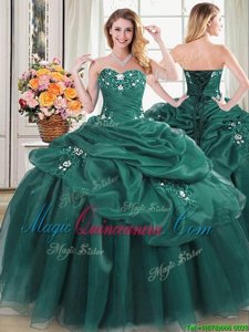 Dark Green Organza Lace Up Sweetheart Sleeveless Floor Length Quince Ball Gowns Beading and Appliques and Pick Ups