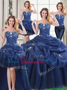 Dramatic Four Piece Navy Blue Organza Lace Up Vestidos de Quinceanera Sleeveless Floor Length Appliques