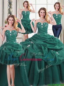Fancy Four Piece Dark Green Ball Gowns Sweetheart Sleeveless Organza Floor Length Lace Up Beading and Ruffles and Pick Ups Quinceanera Gowns