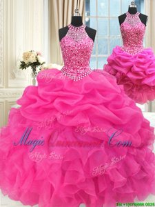 Dramatic Three Piece Hot Pink Lace Up Halter Top Beading and Ruffles and Pick Ups Sweet 16 Dress Organza Sleeveless
