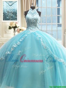 Aqua Blue Ball Gowns Halter Top Sleeveless Tulle Floor Length Lace Up Beading and Lace and Appliques Quinceanera Dresses