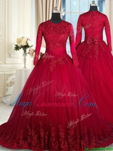 Scoop Clasp Handle Tulle Long Sleeves Floor Length Quinceanera Dress and Beading and Lace and Bowknot