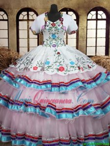 Glorious Straps Straps Floor Length White Sweet 16 Dress Organza and Taffeta Sleeveless Embroidery and Ruffled Layers