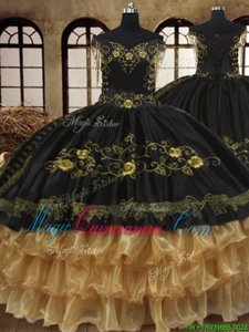Ideal Black and Gold Organza and Taffeta Lace Up Off The Shoulder Sleeveless Floor Length Sweet 16 Quinceanera Dress Beading and Embroidery and Ruffled Layers