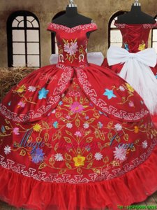 Chic Off the Shoulder Red Lace Up Sweet 16 Quinceanera Dress Embroidery and Bowknot Sleeveless Floor Length