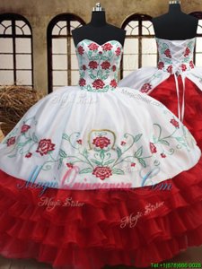 Spectacular White and Red Lace Up Quinceanera Dresses Embroidery and Ruffled Layers Sleeveless Floor Length