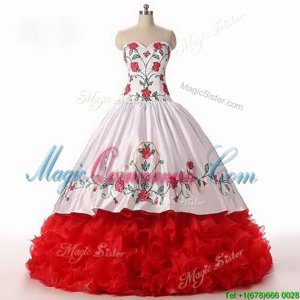 Traditional White and Red Lace Up 15 Quinceanera Dress Embroidery and Ruffled Layers Sleeveless Floor Length