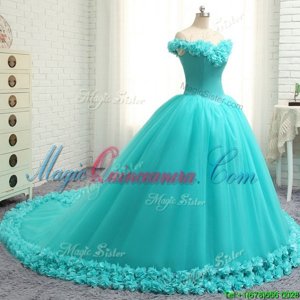 Custom Design Off the Shoulder Aqua Blue Lace Up Sweet 16 Quinceanera Dress Hand Made Flower Cap Sleeves With Train Court Train