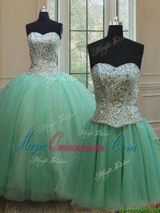 Three Piece Apple Green Tulle Lace Up Sweetheart Sleeveless Floor Length Quince Ball Gowns Beading