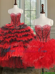 New Arrival Three Piece Ruffled Black and Red Sleeveless Organza Lace Up Quinceanera Dress for Military Ball and Sweet 16 and Quinceanera