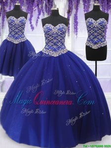 Three Piece Royal Blue Sleeveless Tulle Lace Up Ball Gown Prom Dress for Military Ball and Sweet 16 and Quinceanera