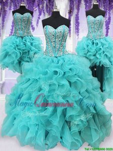 Excellent Four Piece Aqua Blue Quinceanera Gown Military Ball and Sweet 16 and Quinceanera and For with Beading and Ruffles Sweetheart Sleeveless Lace Up