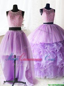 Three Piece Scoop Sleeveless Sweet 16 Quinceanera Dress With Brush Train Beading and Lace and Ruffles Lilac Organza and Tulle