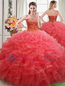 Fine Coral Red Sleeveless Beading and Ruffles Floor Length Quinceanera Dress