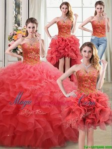 Elegant Four Piece Floor Length Ball Gowns Sleeveless Coral Red Ball Gown Prom Dress Lace Up