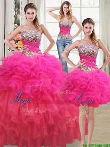 Superior Three Piece Sequins Ruffled Floor Length Ball Gowns Sleeveless Multi-color Quince Ball Gowns Lace Up