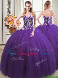 Unique Sweetheart Sleeveless Lace Up Vestidos de Quinceanera Purple Tulle