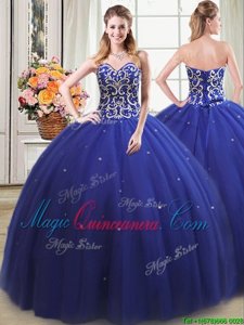 Fantastic Royal Blue Quinceanera Gown Military Ball and Sweet 16 and Quinceanera and For with Beading Sweetheart Sleeveless Lace Up