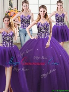 Four Piece Sweetheart Sleeveless Tulle Quinceanera Gown Beading Lace Up