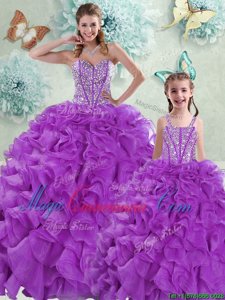 Beautiful With Train Eggplant Purple Quince Ball Gowns Sweetheart Sleeveless Brush Train Lace Up