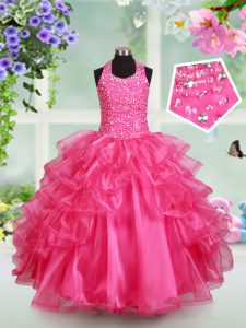 Halter Top Sleeveless Pageant Gowns Floor Length Beading and Ruffled Layers Hot Pink Organza