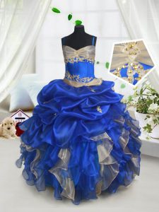 Blue and Champagne Spaghetti Straps Neckline Beading and Ruffles and Pick Ups Little Girl Pageant Dress Sleeveless Lace Up