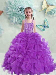 Customized Straps Sleeveless Organza Floor Length Lace Up Pageant Gowns For Girls in Eggplant Purple with Beading and Ruffles