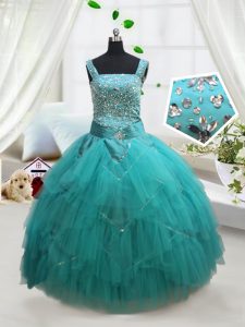 Square Turquoise Lace Up Pageant Dress Womens Beading and Ruffles and Belt Sleeveless Floor Length
