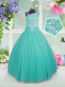 Turquoise Asymmetric Zipper Beading Custom Made Pageant Dress Sleeveless