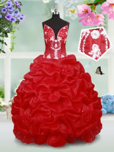 Adorable Red Winning Pageant Gowns Quinceanera and Wedding Party and For with Beading and Pick Ups and Hand Made Flower Spaghetti Straps Sleeveless Lace Up