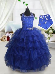 Attractive Royal Blue Ball Gowns Halter Top Sleeveless Organza Floor Length Lace Up Beading and Ruffled Layers Pageant Dress for Girls